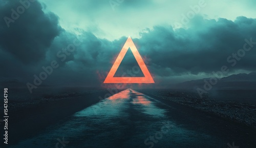 A road leading to the horizon with an abstract triangular portal in front of it, symbolizing dreams and future possibilities
