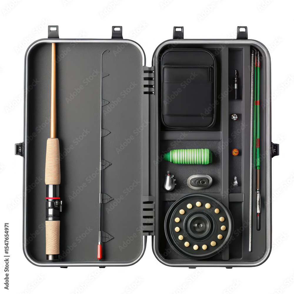 Fototapeta premium Open gray fishing rod case containing two rods reel lures and accessories