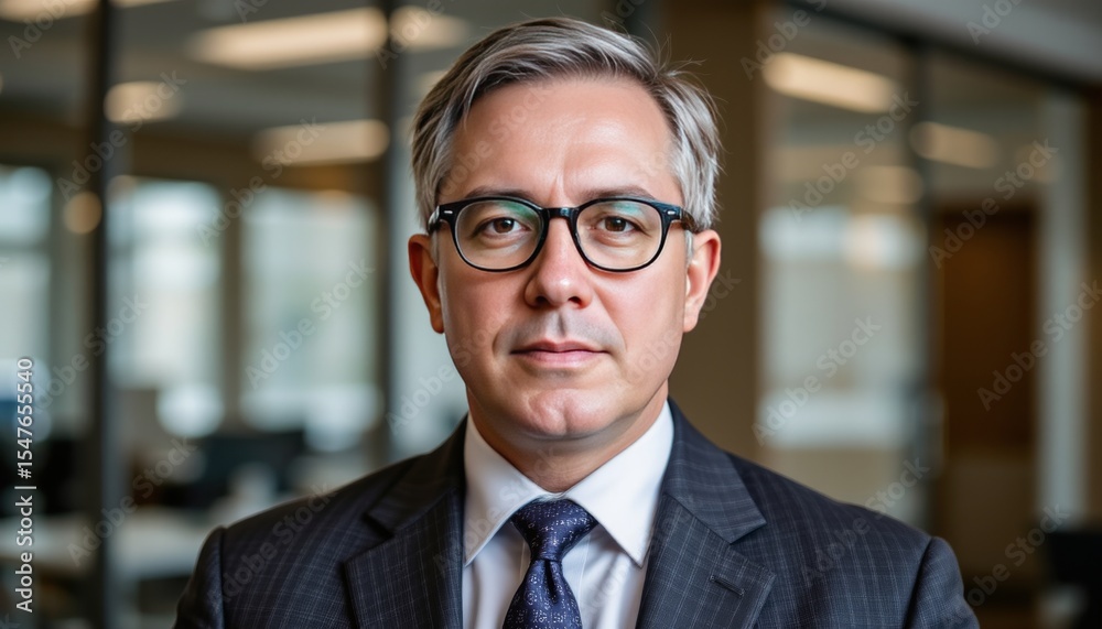 Fototapeta premium an individual standing in what appears to be an office environment. the person is dressed in professional attire, including a suit jacket and eyeglasses