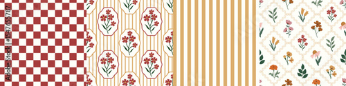 Set of 4 seamless pattern autumn colors cottagecore florals with stripes and gingham checks. Background for fabrics, fashion prints, banners, wallpaper, social media ads and backdrops. 