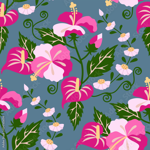 florals hibiscus Pink fabric pattern vector flat design