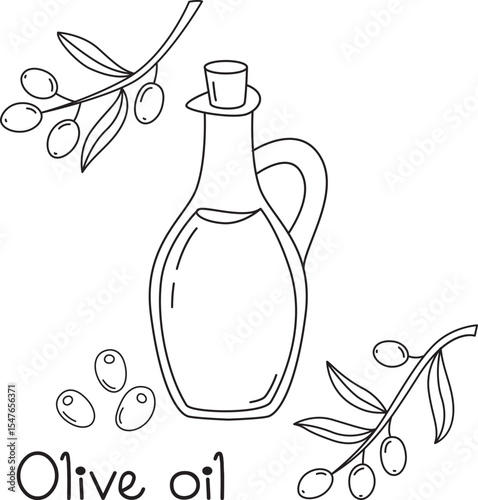Bottle of olive oil, olives and olive tree branches drawn in doodle style. Black and white outline drawing