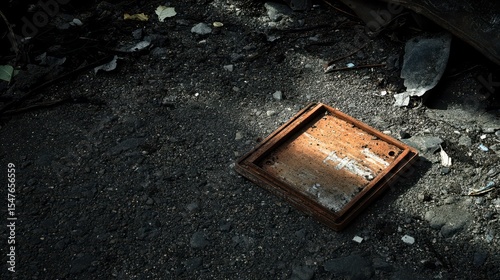 Rusty Metal Plate on Dark Grungy Ground Surrounded by Debris