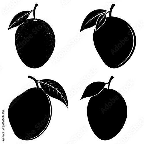 Four black silhouette plums with leaves isolated on a white background in a simple vector style