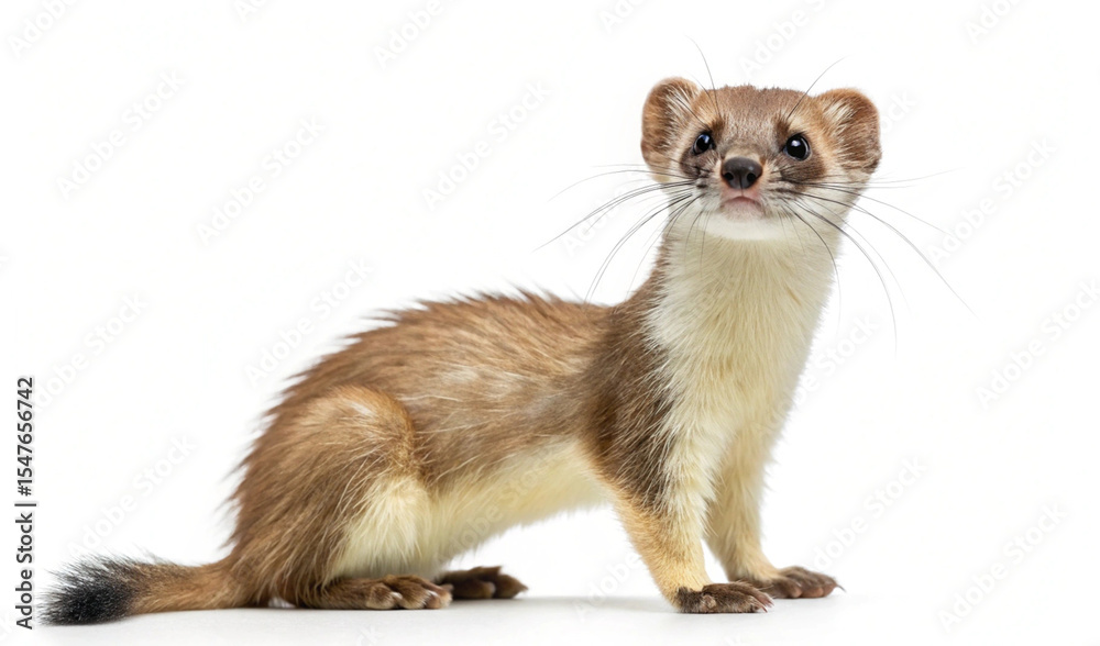 Obraz premium Adorable Stoat Posing Against White Background, Studio Shot