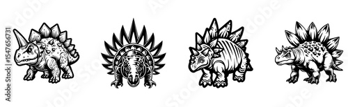 set of stegosaurus dinosaur vector illustrations prehistoric reptile, paleontology and jurassic era