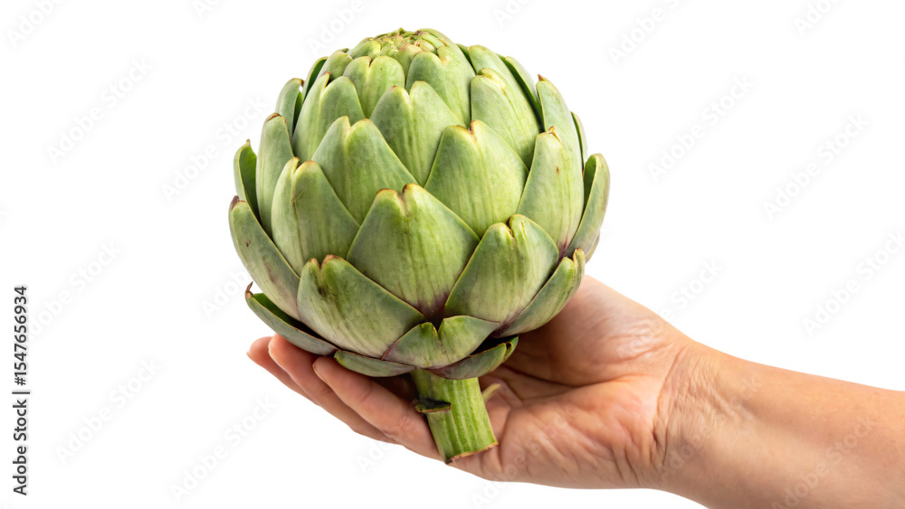 Fototapeta premium Hand holding a fresh, green artichoke isolated on white, a healthy organic vegetable