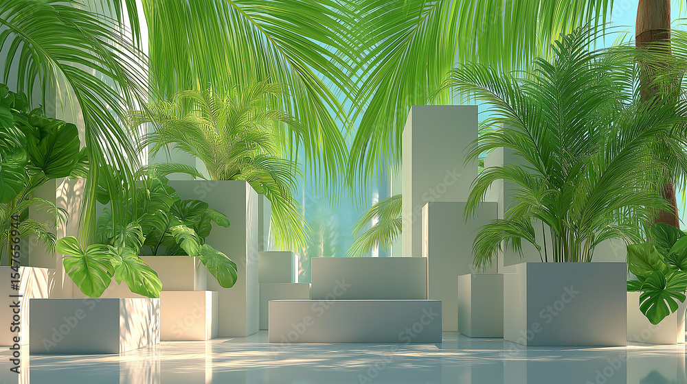 Fototapeta premium Tropical Cosmetic Podium with Soft Shadows and Natural Light – Minimal Skincare Display Background