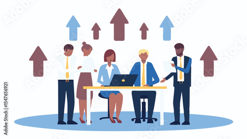 Team of professionals collaborating in an office setting with upward pointing arrows in the background