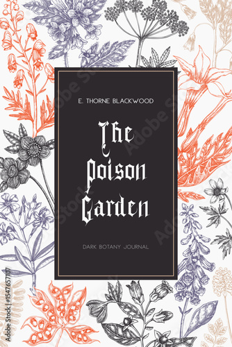 Sketch style witchcraft book cover design. Witch herbs background. Vintage apothecary card template. Poisonous plants hand drawn illustration in sketch style. NOT AI generated