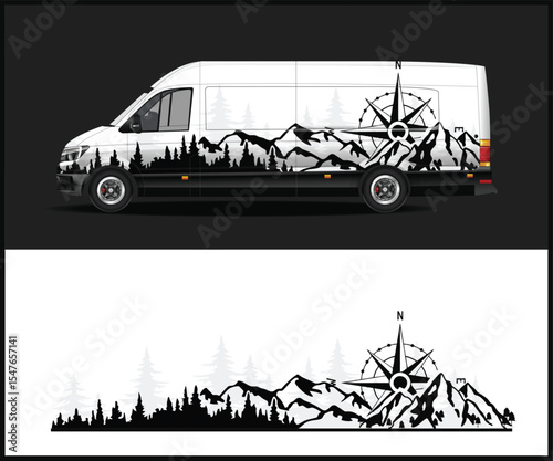 Modern white van with a featuring a compass rose and mountainous forest landscape