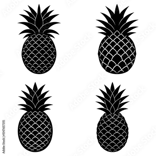 Four pineapple fruits with detailed scales and spiky leaves in a symmetrical arrangement on white