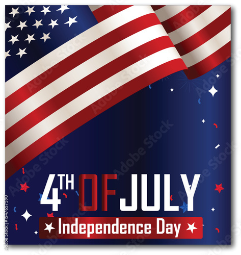 Independence Day USA banner, flyer, greeting card, the 4th of July, waving American flags, a rich blue background, with stars, sparkles, and patriotic elements. Vector illustration style postcard 