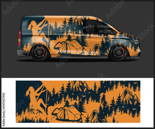 Adventure van wrap design featuring a silhouette of a person hiking and camping amidst a forest landscape