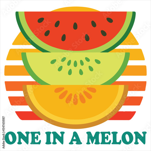 One In A Melon- Summer Fruits T-shirt Vector, Summer Vibes, Retro Fruits Sayings Shirt, Kawaii Summer Fruit Illustration 