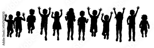 Happy kids jumping silhouette, active child jumping, cheerful kids playing