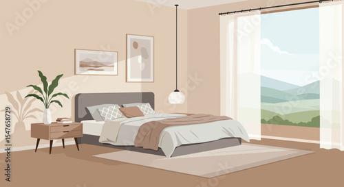 Modern Minimalist Bedroom with Scenic Mountain View