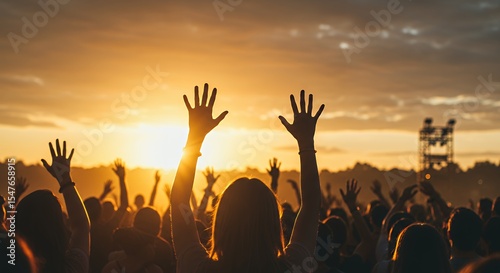 Crowd Raising Hands at Sunset Event with Vibrant Sky