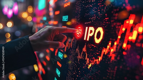 Close-up of golden stock market ticker displaying IPO with financial charts, symbolizing investment opportunities and capital market growth. Financial business and trading concept.
