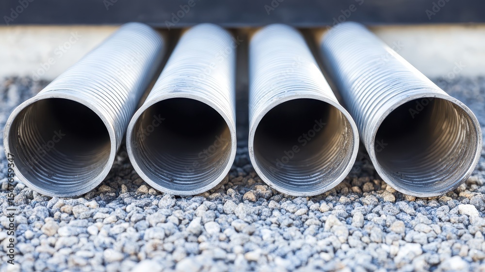 Fototapeta premium Close-Up View of Metal Pipes on a Gravel Surface in Natural Light