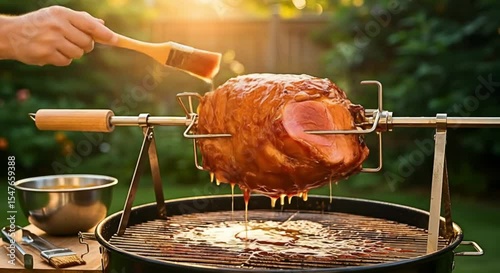 Juicy meat roasting on grill with brush, summer barbecue setting, flavorful outdoor cooking