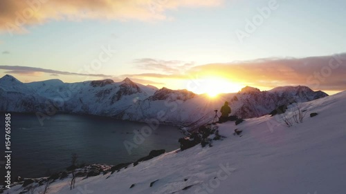 Breathtaking sunset view from Mount Segla on the Senja Peninsula in Northern Norway. A winter scene during the polar night