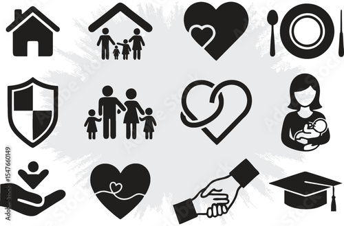 Family love and care editable vector icons. Mother, father, children, baby, siblings, brother, sister, grandparents, grandmother, grandfather, couple, love, heart, love, meal. EPS 10.