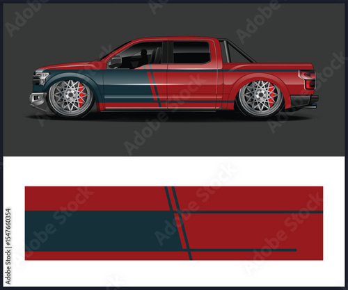 Custom two tone red and dark blue racing stripe graphics kit for a modern pickup truck side view