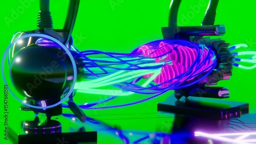 Neon Synthwave Engine, Futuristic Tech Vibrant Wires Green Screen.