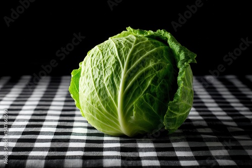 Cabbage on Checkerboard Table A fresh cabbage head centered on a black and white checkered tablecloth under harsh light.