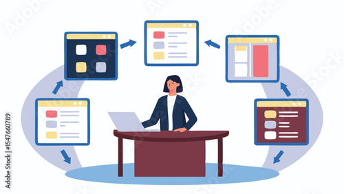 Woman working on laptop at desk surrounded by floating windows with circular arrow connection flow