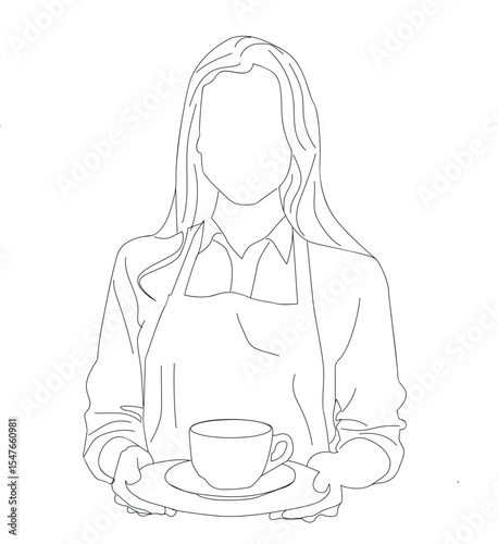  Continuous one line drawing the waiter brings coffee. Young caucasian waitress holding a coffee
