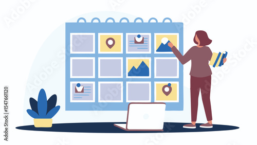 Woman interacting with a calendar board with location and mountain icons and a laptop on the table