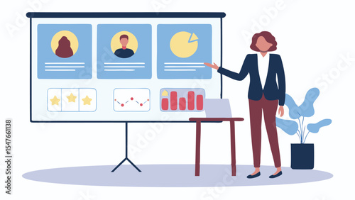 Presentation of data by a woman standing next to a projector screen with charts and graphs shown