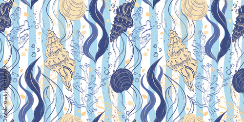 Seamless, abstract pattern with shells, corals and algae. Ideal for covers, backgrounds, packaging, textiles.