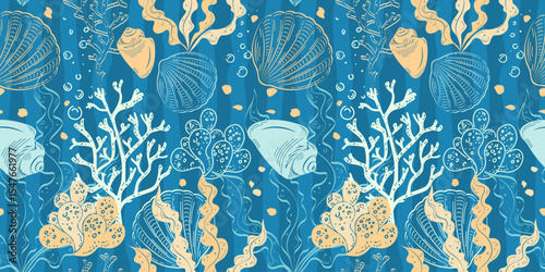 Seamless pattern of the marine underwater world. Shells, algae, vertical waves, dark background. Suitable for covers, backgrounds, packaging, textiles.