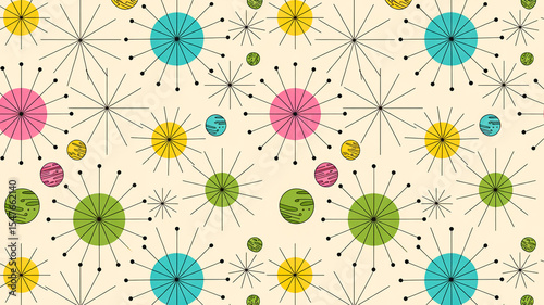 Wallpaper Mural A mid-century modern pattern design featuring retro atomic starbursts scattered across a light cream-colored background Torontodigital.ca