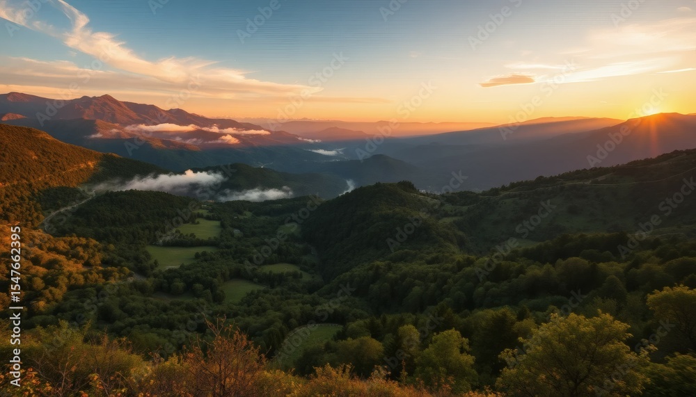 Obraz premium Panoramic View of Mountains and Valleys with Sunset Sky and Warm Colors