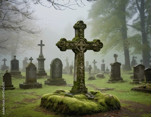 In a desolate cemetery, a moss-covered cross rises amidst tombstones, enveloped by thick fog, evoking a sense of mystery and tranquility in the quietude of natures embrace Generative AI