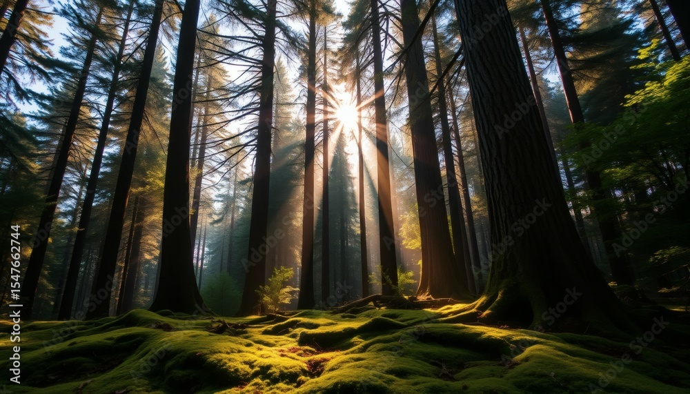 Obraz premium Sunlight Streams Through Majestic Trees in a Lush Green Forest at Golden Hour