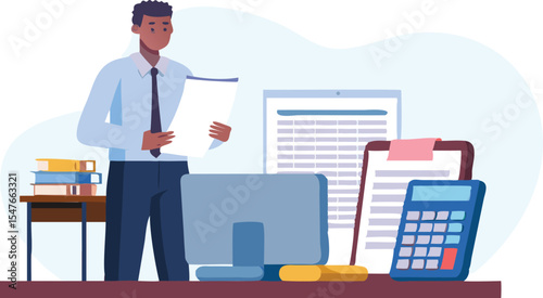 Illustration of a man standing in an office holding a document with a computer and calculator on desk