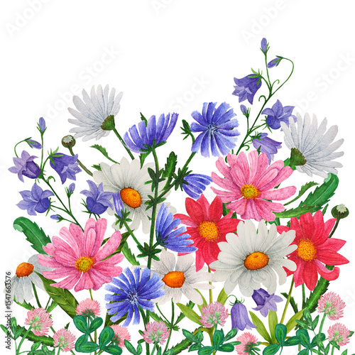 Fototapeta Naklejka Na Ścianę i Meble -  Watercolor border of hand painted colorful wildflowers and botanical greenery. Design for invitation, cards, textile and wallpaper
