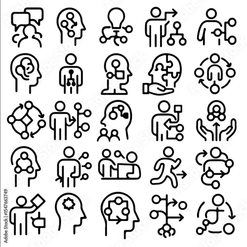 Icons symbolizing innovation and business development, with a focus on people and ideas.