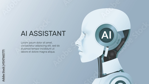 AI assistant or Artificial Intelligence agent concept. Head of humanoid robot in minimal clean style vector illustration.