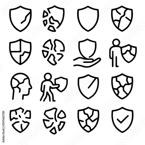 Collection of shield icons, representing protection and security.  Various states of the shield, from intact to broken, symbolize vulnerability and resilience.