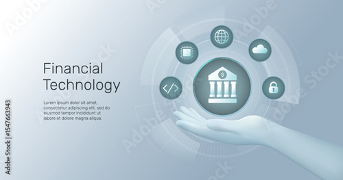 Fintech (Financial Technology) illustration concept. Digital Financial Banking Service, Future of Fintech AI. Financial Icons in minimal clean style.