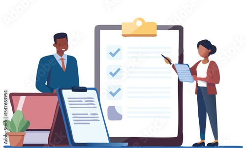 Two professionals reviewing a checklist with tick marks and a document on a desk near a laptop