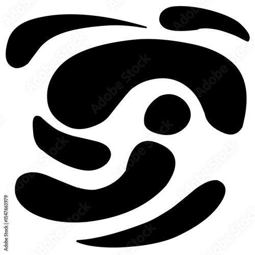 irregular black organic shapes arranged in a circular composition on a white background. The elements resemble modern art or minimalist liquid forms with dynamic flow.