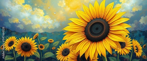 Fantasievolle Illustration mit riesigen Sonnenblumen vor einem farbintensiven Himmel – verträumt, künstlerisch, leuchtend.