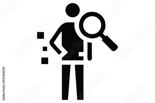 A stylized person with magnifying glass examines fragmented data.